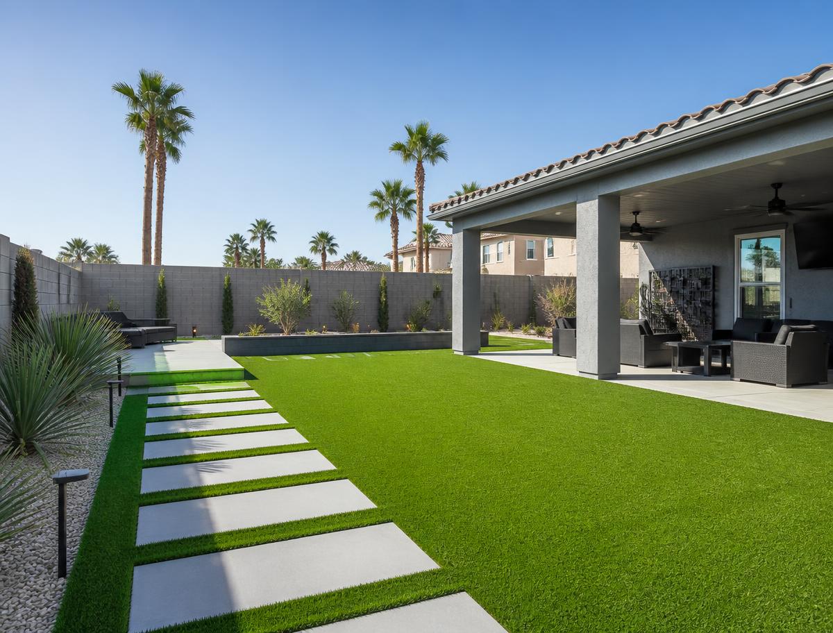 Artificial turf lawn with concrete stepping pads in a Las Vegas backyard