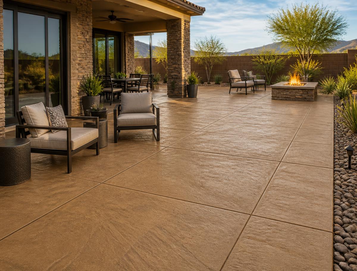 Decorative stamped concrete patio in warm sandstone tones with desert planting