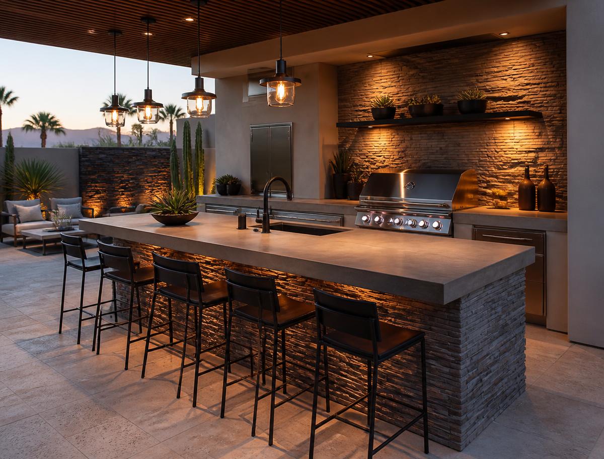 Outdoor kitchen island with built-in grill, stone base and pendant lighting