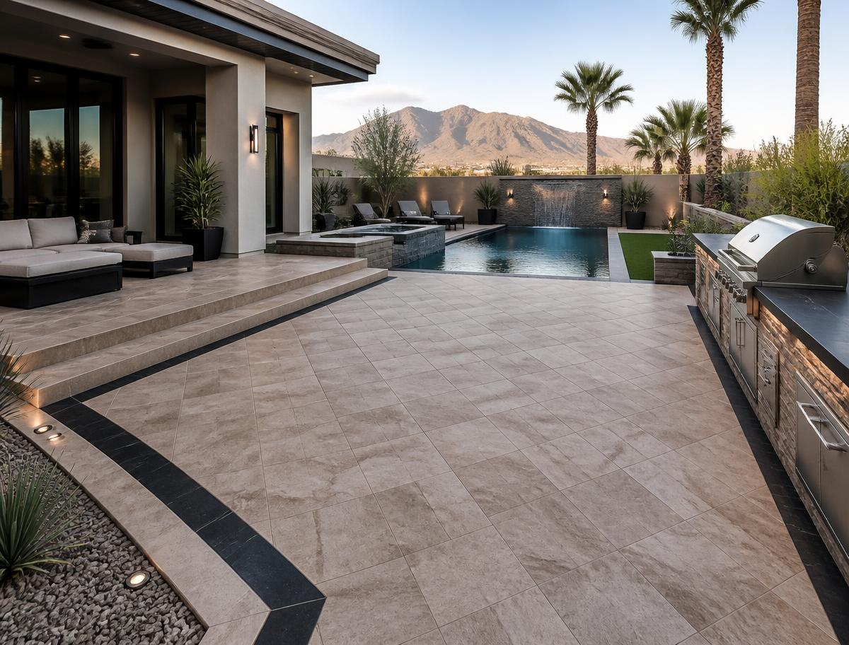 Large travertine-look paver patio with dark border in a Las Vegas backyard